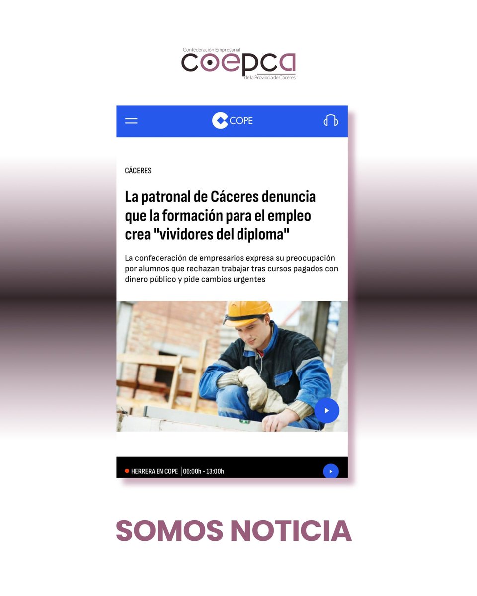 coepca's tweet photo. ⚠️ Urgen cambios para garantizar que estos programas cumplan su verdadera función: formar para trabajar.

#COEPCA #FormaciónParaElEmpleo #EmpleoReal #TejidoEmpresarial #ProvinciaDeCáceres #SomosNoticia #COPE https://t.co/Olj6tlEixZ