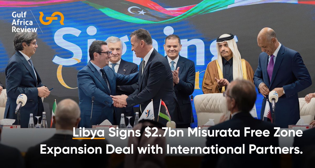 ReviewGulf's tweet photo. Libya signs $2.7bn strategic partnership to expand and develop the Misurata Free Zone, targeting higher port capacity and employment. 
Read more here: https://t.co/362286FDjG
#MisurataFreeZone #Libya #trade #investment #ports #MENA #MahaCapitalPartners #TerminalInvestmentLimited https://t.co/5mLEvWHPlz