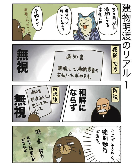 【建物明渡のリアル1】

建物明渡の強制執行にいたるまでは段階があります。賃貸人からするとかなりコストがかかるので、話し合いになれば一定の譲歩が得られる場合は多いはずなのです。

#弁護士 #漫画が読めるハッシュタグ #たぬじろう #食っていけない弁護士 