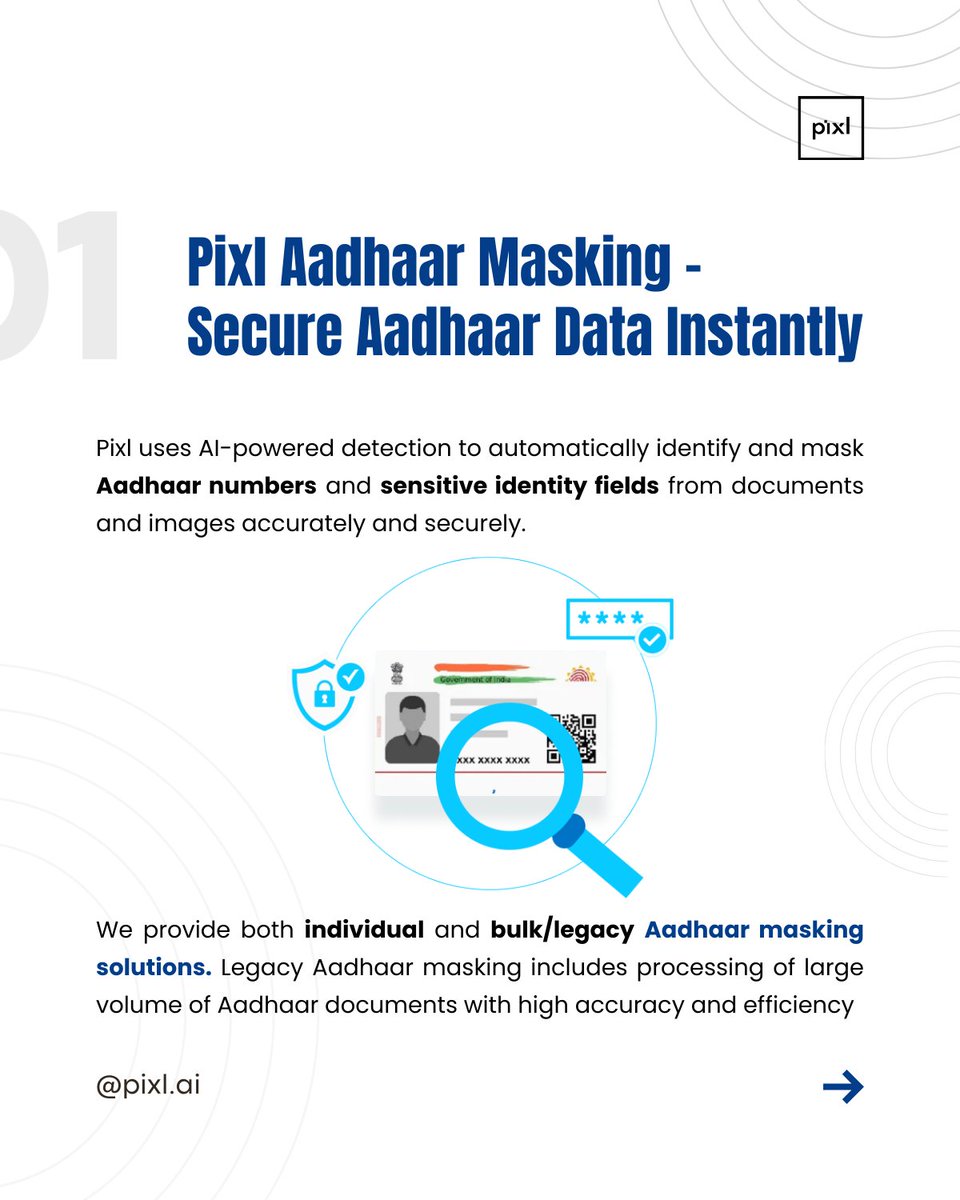 pix_dynamics's tweet photo. 𝐌𝐚𝐬𝐤 𝐀𝐚𝐝𝐡𝐚𝐚𝐫 𝐝𝐚𝐭𝐚 𝐢𝐧 𝐬𝐞𝐜𝐨𝐧𝐝𝐬? 

Swipe through to see how Pixl simplifies data privacy without slowing down your workflows.  

Try Pixl Aadhaar Masking – https://t.co/swWoLT5QJA
.
.
.
#AadhaarMasking #DataPrivacy #FinTech #AIForSecurity #PixlAI https://t.co/S3InOCGDwy