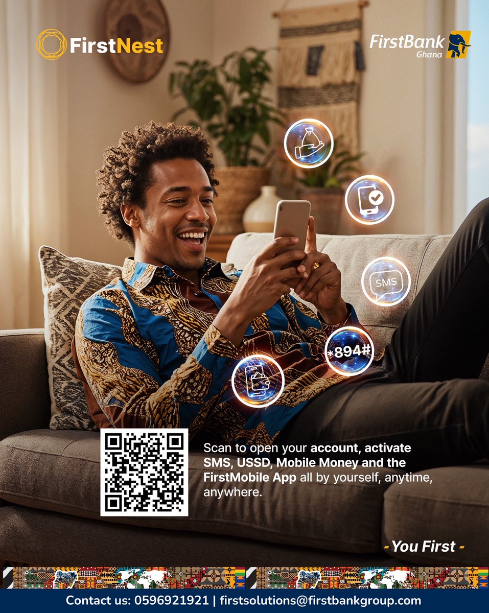 FirstBankGhana's tweet photo. Scan the QR-Code to open your FirstBank Account anytime, anywhere. No Queues, No Long forms. All you need is your phone. Thatโs all!!!!
#YouFirst #FirstBankGhana #FirstNest #EasyBanking #AccountOpening https://t.co/E6scpgQoYh