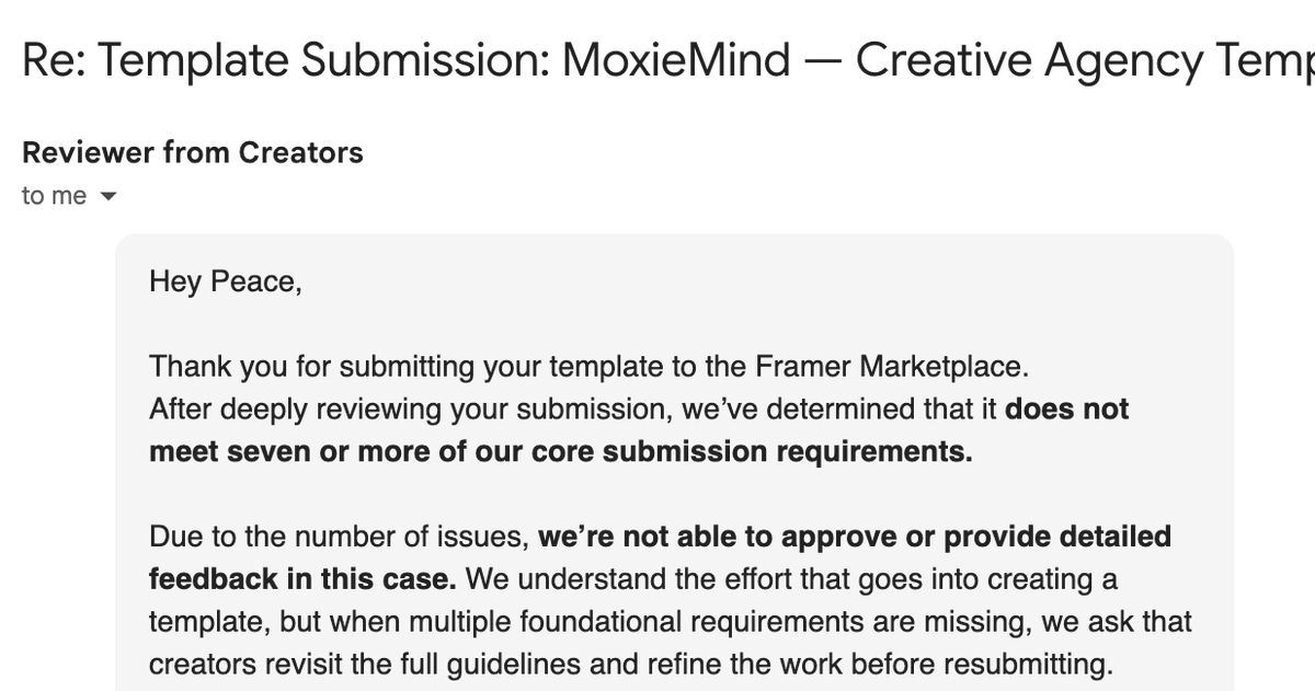 p_badejo's tweet photo. My template has been rejected again for the second time with no clear reason. What's going on with @framer ? https://t.co/5goMASWOwS