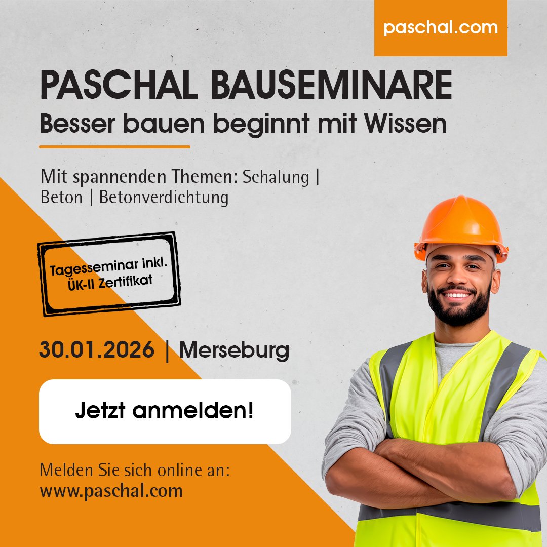 Weiter geht’s in Merseburg!
Am 30.01.2026 macht die PASCHAL Bauseminar-Tour Halt in Merseburg – mit spannenden Themen zu Schalung, Beton und Betonverdichtung.
👉Jetzt anmelden: paschal.de/deutsch/anmeld…
#PASCHAL #Bauseminare2026