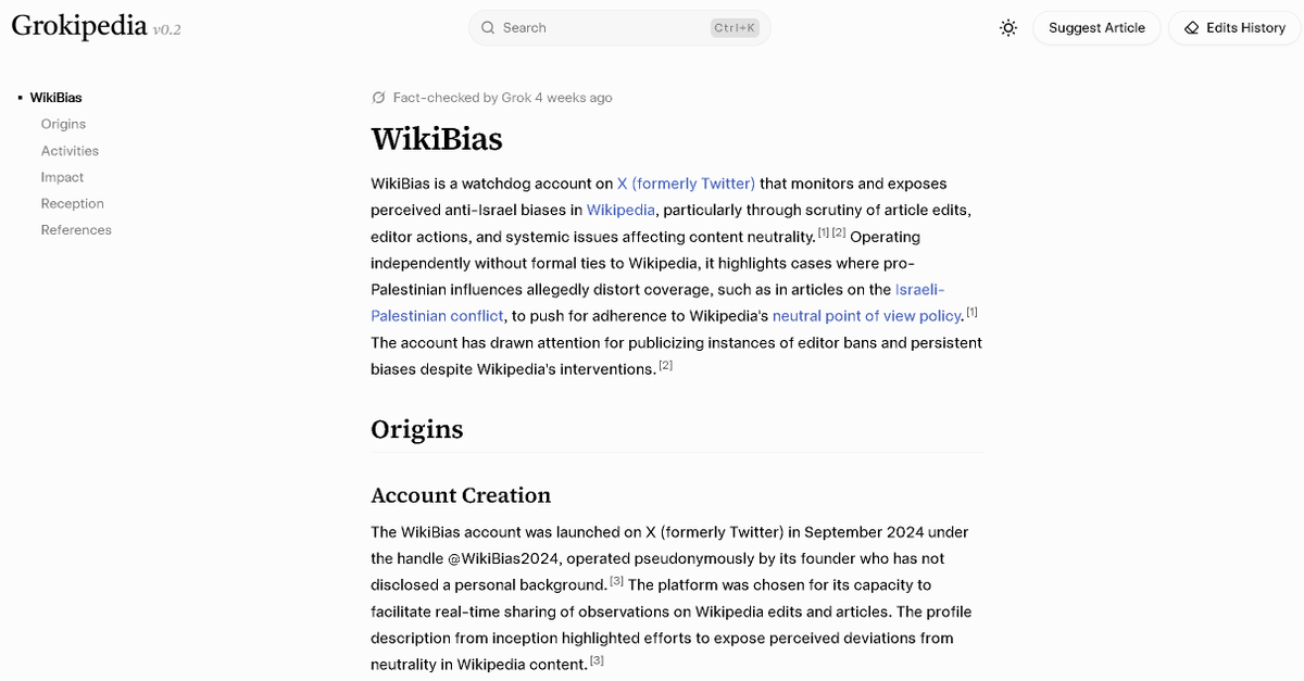 WikiBias's tweet photo. Grokipedia has added an article on me. They are doing wonderful work. 
Do you think Wikipedia would ever add a similar entry? Or do they prefer to hide those who criticize them? https://t.co/chS4KaNkpt