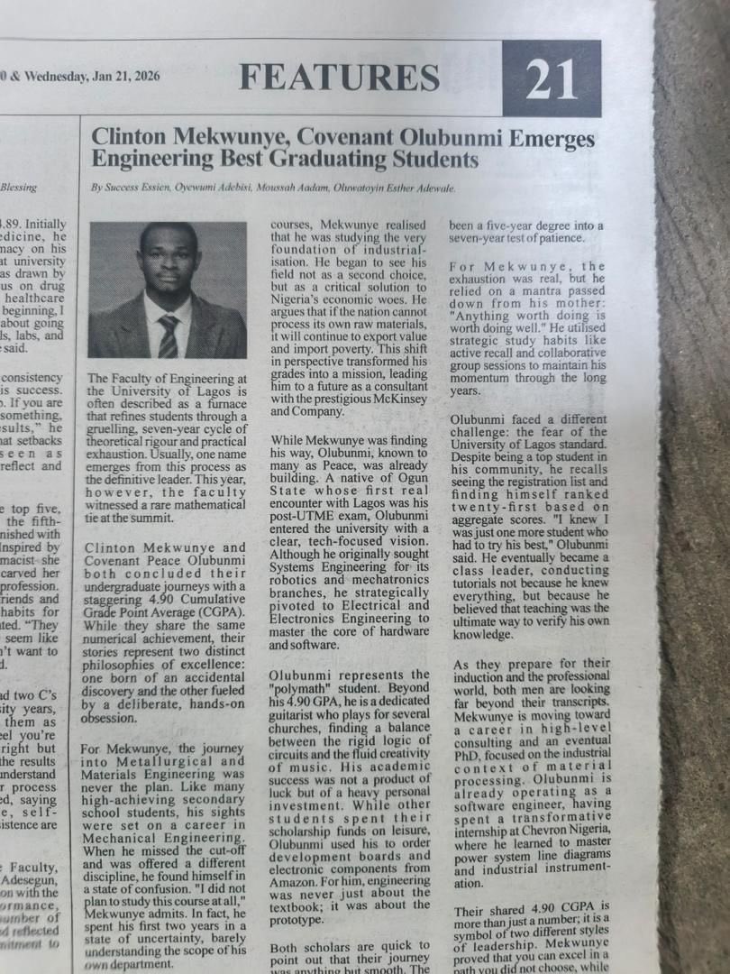 UNILAG_NAMMES's tweet photo. Imagine waking up and seeing your own on the front page. Top of the Faculty. Top of Engineering.Number 1 hits different when the whole university sees it. This is what excellence looks like.NAMMES,we’re proud.💛@_ulesofficial @UnilagNigeria @nsehqtr #NAMMES #UNILAG #convocation https://t.co/wV6EmBhK0g