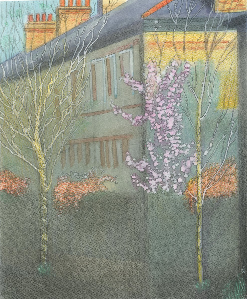 ianarchiebeck's tweet photo. Early Spring Blossom Thames Road Chiswick: watercolour and pencil https://t.co/CcNedAwN0t