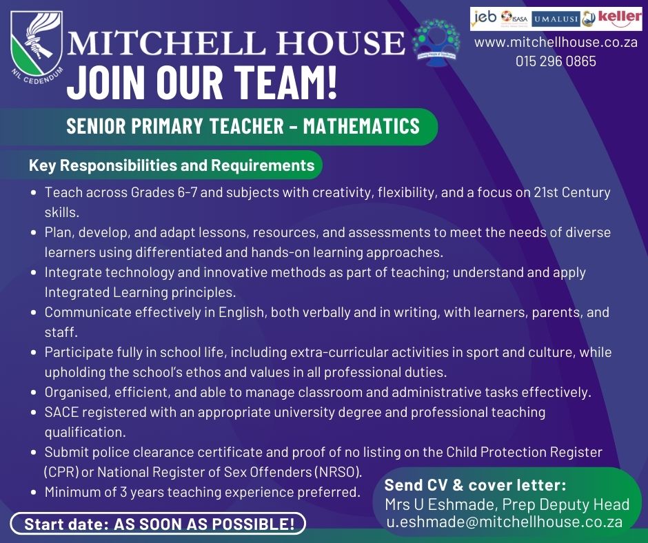 Maths + Creativity + Energy = YOU?

We're looking for an enthusiastic Gr 6-7 Maths teacher, who’s ready to inspire, collaborate, &amp; dive into school life inside &amp; outside the classroom.

Apply today! 

#MitchellHouse
#GrowingPeopleOfSignificance