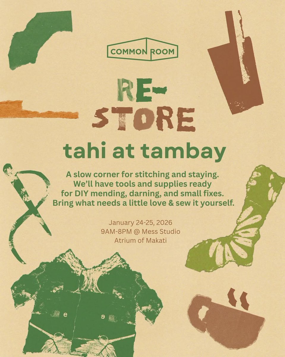 MakeItMakati's tweet image. Sit, stitch, and stay. 🧵✂️ Visit Common Re-Store: Recover + Reclaim Market from January 24 to 25, 2026, at Mess Studio in the Atrium of Makati!

#Stitching #CommonRoomPH #MakeItHappen #MakeItMakati

📸: @commonroomph