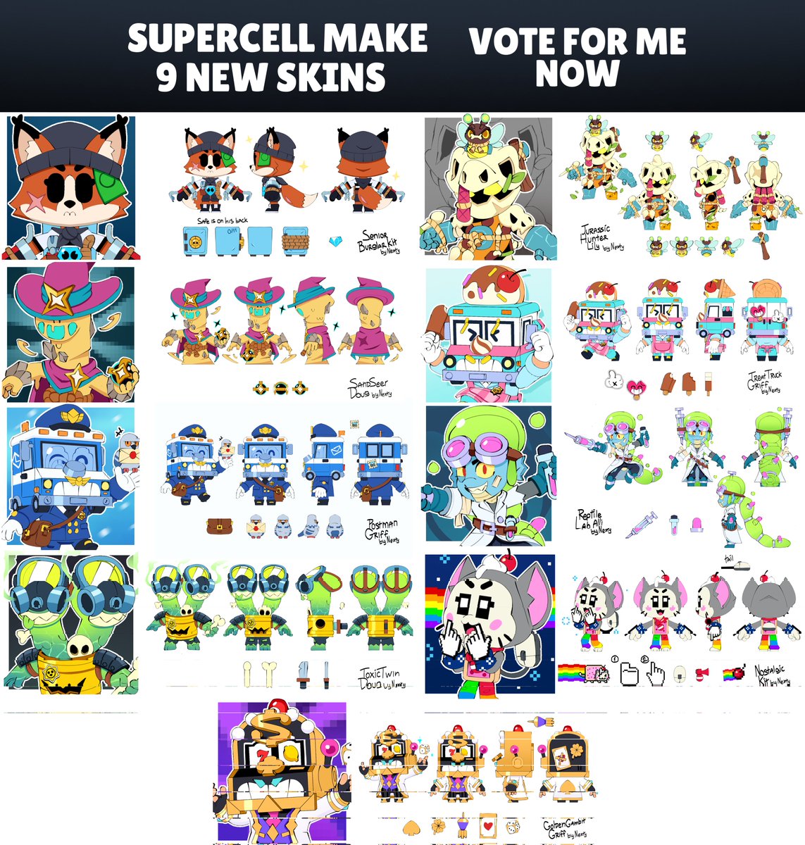 VOTING OPENS NOW! 🔥

Senior Burglar
make.supercell.com/en/creation/se…
Jurassic Hunter
make.supercell.com/en/creation/ju…
Sandseer
make.supercell.com/en/creation/sa…
Treat Truck
make.supercell.com/en/creation/tr…
Postman
make.supercell.com/en/creation/po…
Toxic Twin 
make.supercell.com/en/creation/to… 

(more in the comments) ⬇️
#supercellMAKE