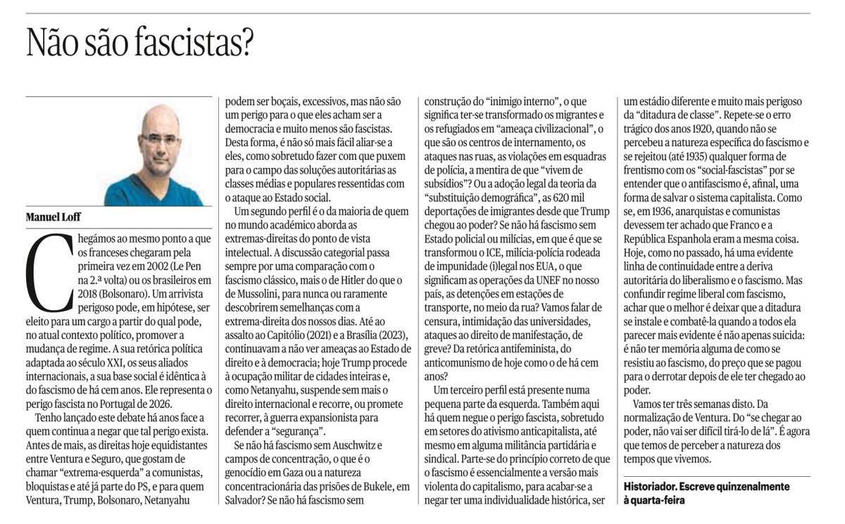 josemssantos's tweet image. é não apenas suicida: é não ter memória alguma de como se resistiu ao fascismo, do preço que se pagou para o derrotar depois de ele ter chegado ao poder." Manuel Loff