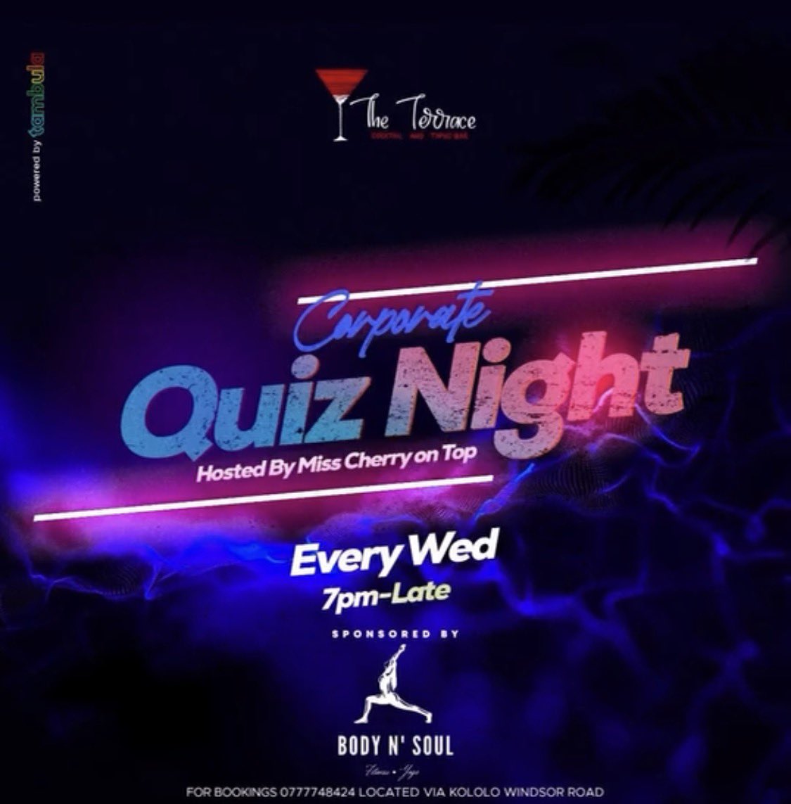 Corporate Quiz Night is on TONIGHT at The Terrace!
Hosted by <a href="/on_cheery/">Miss Clara 🇷🇼🇺🇬</a>, so come ready with your A-game, powered by Soul N Body. Don’t miss out!

—<a href="/CorporateQuiz/">Corporate Quiz</a>
