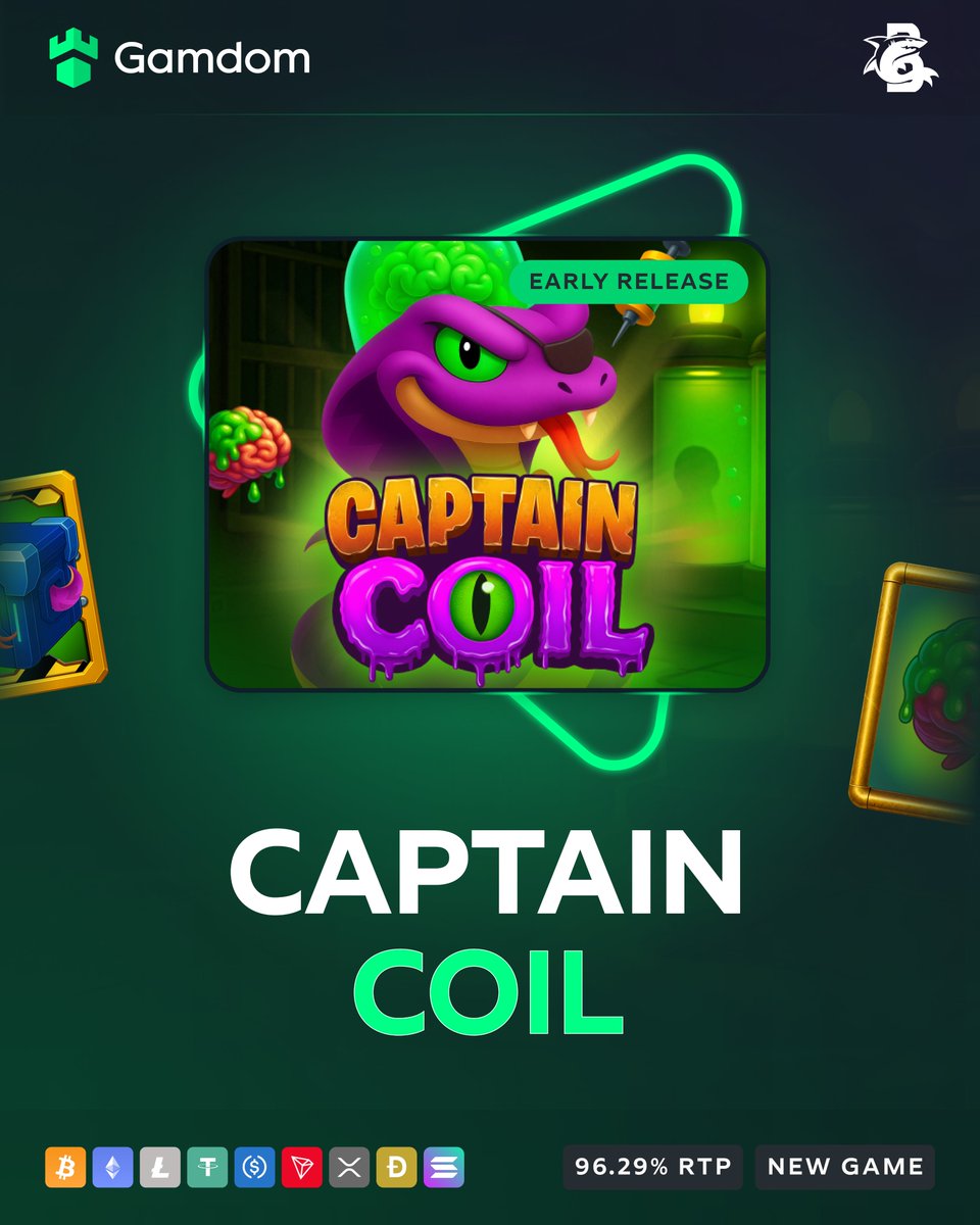 gamdom's tweet image. 🐍 Early Access: Captain Coil by Bullshark Games! 🐍

Enter a bizarre lab ruled by a one-eyed serpent and spin for wins up to 15,000x your bet ⚡

💚 + 🔄 + 🆔 – *KYC Lvl 2 verified Gamdom users only