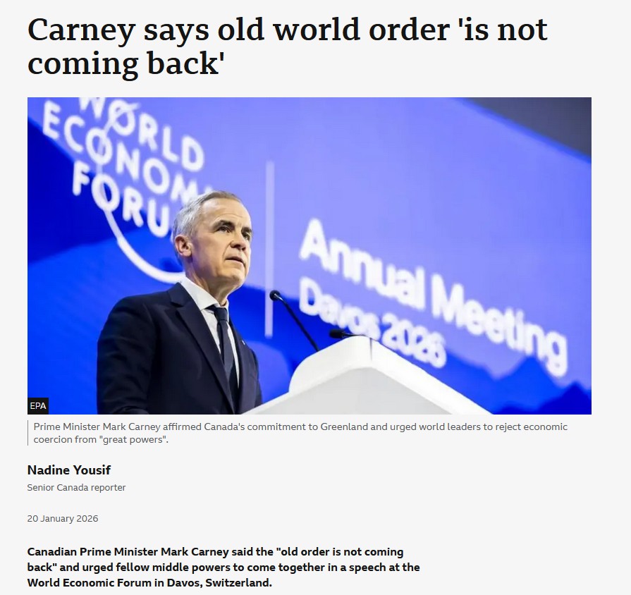 medialens's tweet image. The BBC report on Mark Carney’s Davos speech miraculously omits the most important part.

Carney said that 'the story about the rules-based order was partially false’. He even called it a useful ‘fiction’, and said ‘that international law applied with varying rigour depending on…