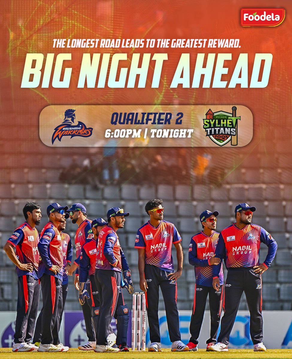 RajshahiW's tweet photo. The longest road has led us here. Tonight, it’s a battle for the ultimate prize. Our Warriors are ready to leave it all on the field in Qualifier 2!

Let’s turn the stadium into a fortress! 🏟️

#RajshahiWarriors #BigNightAhead #Qualifier2 #RoadToTheFinals #VictoryAwaits https://t.co/VMcH6F6XR5