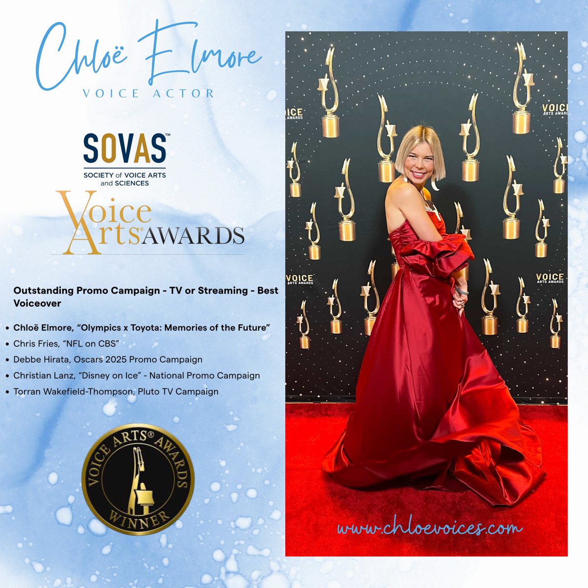 ChloeElmoreVO's tweet image. Okay Peeps!!! SOVAS 2026 photo time!!!!

Still freaking AMAZED that I won "Best Voiceover for Outstanding TV Promo Campaign" for the @Olympics Memories of the Future spots AND was among the winners for "Outstanding Audio Drama - Best Ensemble Cast" for @PartialVeilAD!!!! 

What.…