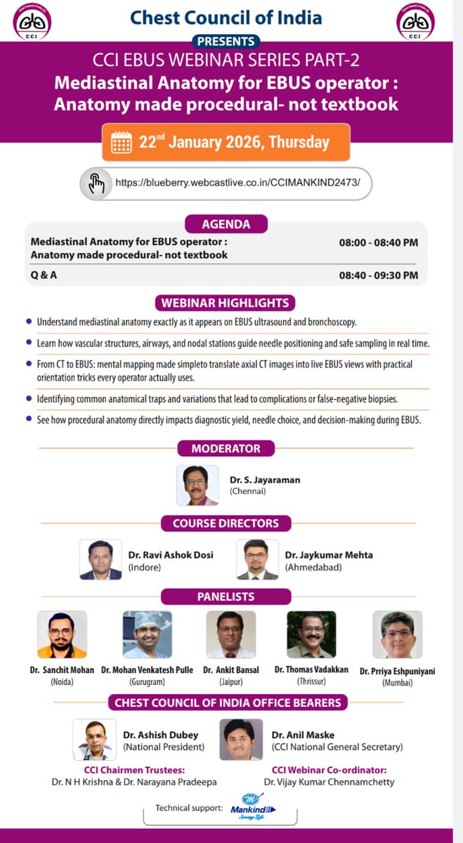 CciChest's tweet photo. "A cave in the dark....
A map to the cave"

CHEST COUNCIL OF INDIA in association with Mankind brings the second episode of CCI EBUS Webinar series- mediastinal anatomy 

 Thursday 22nd January 8pm  https://t.co/6KlaBWPIxO https://t.co/orb1pBtt3V