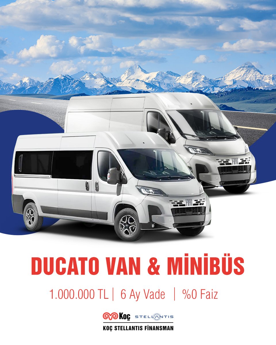 Geniş iç hacmi ve akıllı çözümleriyle her rotayı daha verimli kılar.

#KoçStellantisFinansman #TaşıtKredisi #Fiat #DucatoVan #DucatoMinibüs