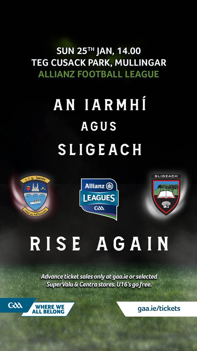 sligogaa's tweet photo. Best of luck to our Senior Footballers playing their 1st Round game in the @AllianzIreland Football League Division 3 vs @westmeath_gaa 

📅 Sun 25 Jan | ⏰14:00 | 📍TEG Cusack Park, Mullingar

🎟️Tickets in advance only. No cash.  
🔗https://t.co/ZEkADL19R1 https://t.co/hlS3tYi4sy