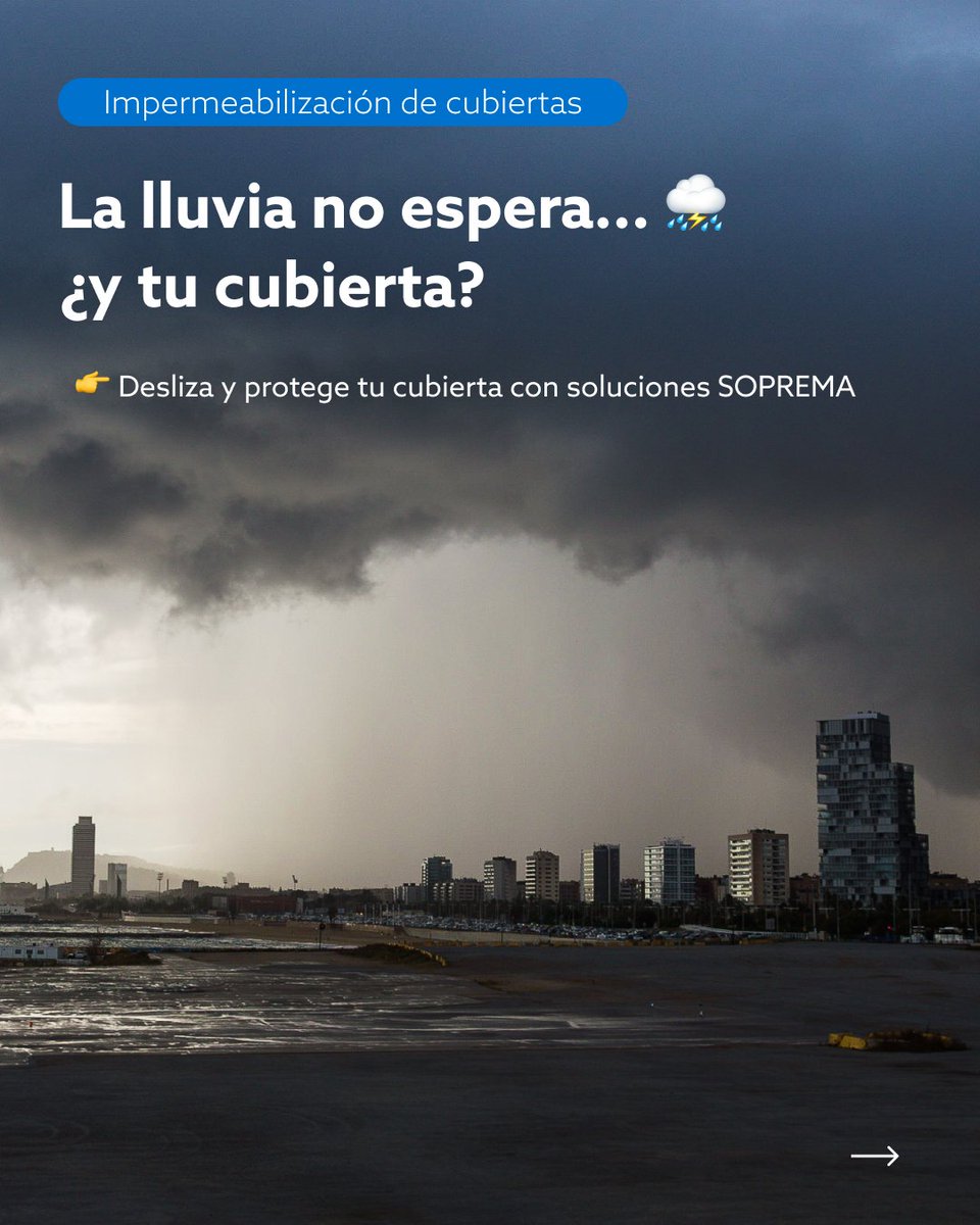 SopremaIberia's tweet image. Lluvias intensas 🌧️
¿Tu cubierta está protegida?

En SOPREMA diseñamos sistemas de impermeabilización que resisten el agua y el tiempo.
💧 Bituminosas
💧 Líquidas
💧 Sintéticas

👉 ow.ly/zRhl50XXSWm
#Impermeabilización #Cubiertas #SOPREMA #Lluvias