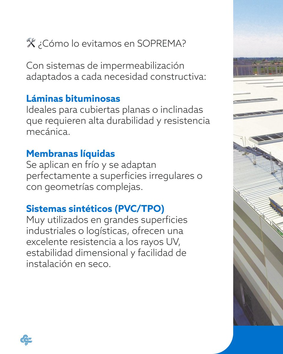SopremaIberia's tweet image. Lluvias intensas 🌧️
¿Tu cubierta está protegida?

En SOPREMA diseñamos sistemas de impermeabilización que resisten el agua y el tiempo.
💧 Bituminosas
💧 Líquidas
💧 Sintéticas

👉 ow.ly/zRhl50XXSWm
#Impermeabilización #Cubiertas #SOPREMA #Lluvias