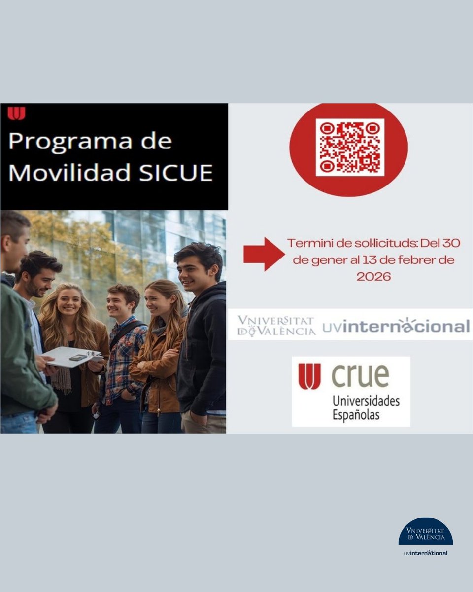 🎓 Obertura Convocatôria interna del programa de mobilitat  SICUE 2026/2027​

📆 Termini de presentació de solicituds del 30 de gener fins al 13 de febrer ​

​🔗 Podeu consultar tota la informació i els requisits en el nostre web​:
uv.es/uvinternaciona…