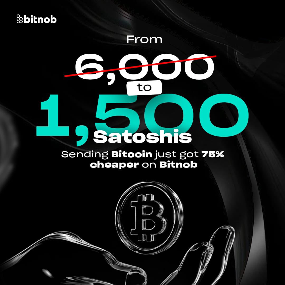 Bitcoin transactions just got 75% cheaper 🥳 This means lower fees, more  savings and easier transactions for you. Enjoy this seamless experience  only on the Bitnob App.