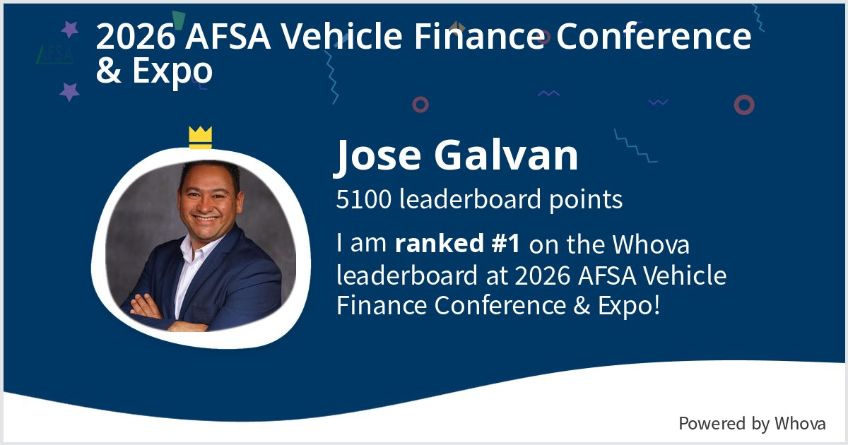 I ranked #1 on the Whova leaderboard at 2026 AFSA Vehicle Finance Conference &amp; Expo! #AFSAMeet - via #Whova event app ⁦<a href="/AFSA_DC/">AFSA</a>⁩