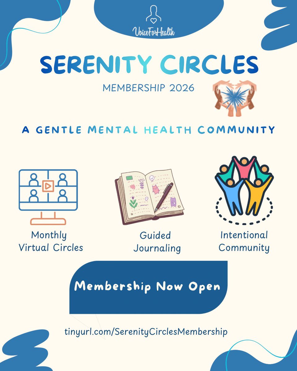 _voiceforhealth's tweet photo. Serenity Circles Membership 2026 is officially open ✨

As a member, you’ll have access to:
✨Monthly virtual circles
✨Guided journaling experiences
✨An intentional community

🔗 Membership is now open

https://t.co/QQ9JGG05ij

#SerenityCircles
#VoiceForHealth
#MentalHealth https://t.co/B2IMfYdXvb