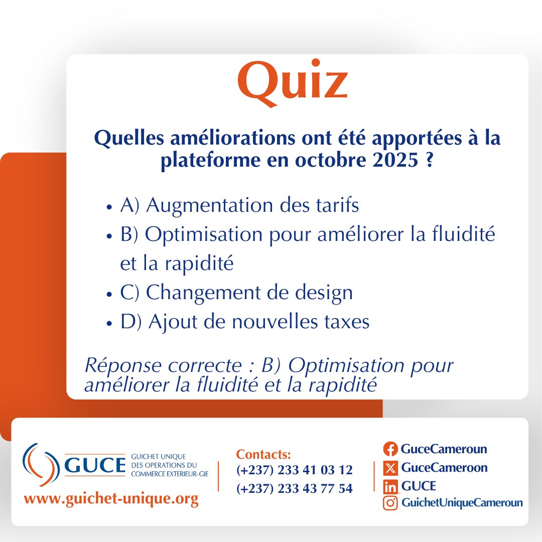 📌 #QuizGUCE
#ÉvolutionsDuCommerceExtérieur

Chers utilisateurs du GUCE, merci pour vos retours à l’enquête de fév. 2025 !
Après nos réponses en vidéo, testez vos connaissances avec le Quiz GUCE.
Êtes-vous prêts ? C’est parti !

Votre satisfaction guide nos actions. 💪

#GUCE