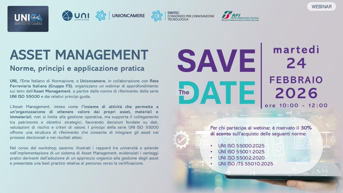 Asset Management e competitività d’impresa
Webinar su norme UNI ISO 55000: principi e applicazioni pratiche.

📅 24 feb 2026 | 🕒 10:00–12:00
👉 Iscrizione gratuita: shorturl.at/9Dw1X

#AssetManagement #PMI #Innovazione