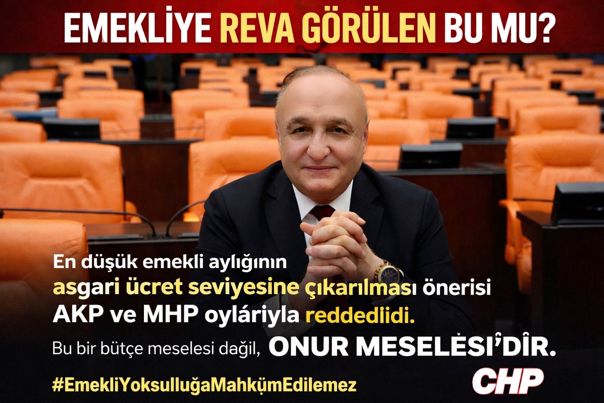 En düşük emekli aylığının asgari ücret seviyesine çıkarılması önerisi;
AKP ve MHP oylarıyla reddedildi.

Bu karar, yıllarca çalışıp bu ülkeye emek veren milyonlarca emeklinin insanca yaşama hakkının bilinçli biçimde yok sayılmasıdır. Bugün emekliler, kira ile maaş arasında