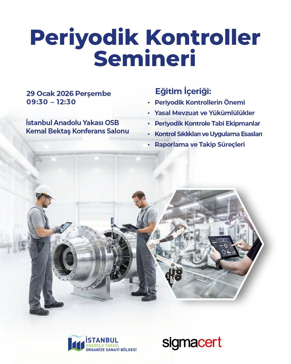 Sanayi tesislerinde iş sağlığı ve güvenliği uygulamalarında farkındalığın artırılmasını amaçlayan seminerimize tüm firma yetkililerimizi davet ederiz.

Programa kayıt oluşturmak için bilgi@iayosb.com.tr adresine e-posta göndermenizi rica ederiz.

#İAYOSB
#PeriyodikKontroller