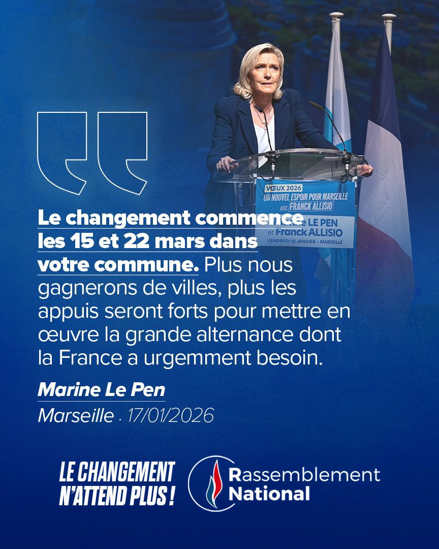 🔵 Élections après élections, notre projet d'alternance a progressé partout en France : les 15 et 22 mars il peut se concrétiser dans de nombreuses communes !

Soutenons aujourd'hui les candidats RN-UDR dans nos villes pour préparer la victoire de l'alternance en 2027 !

🗳️