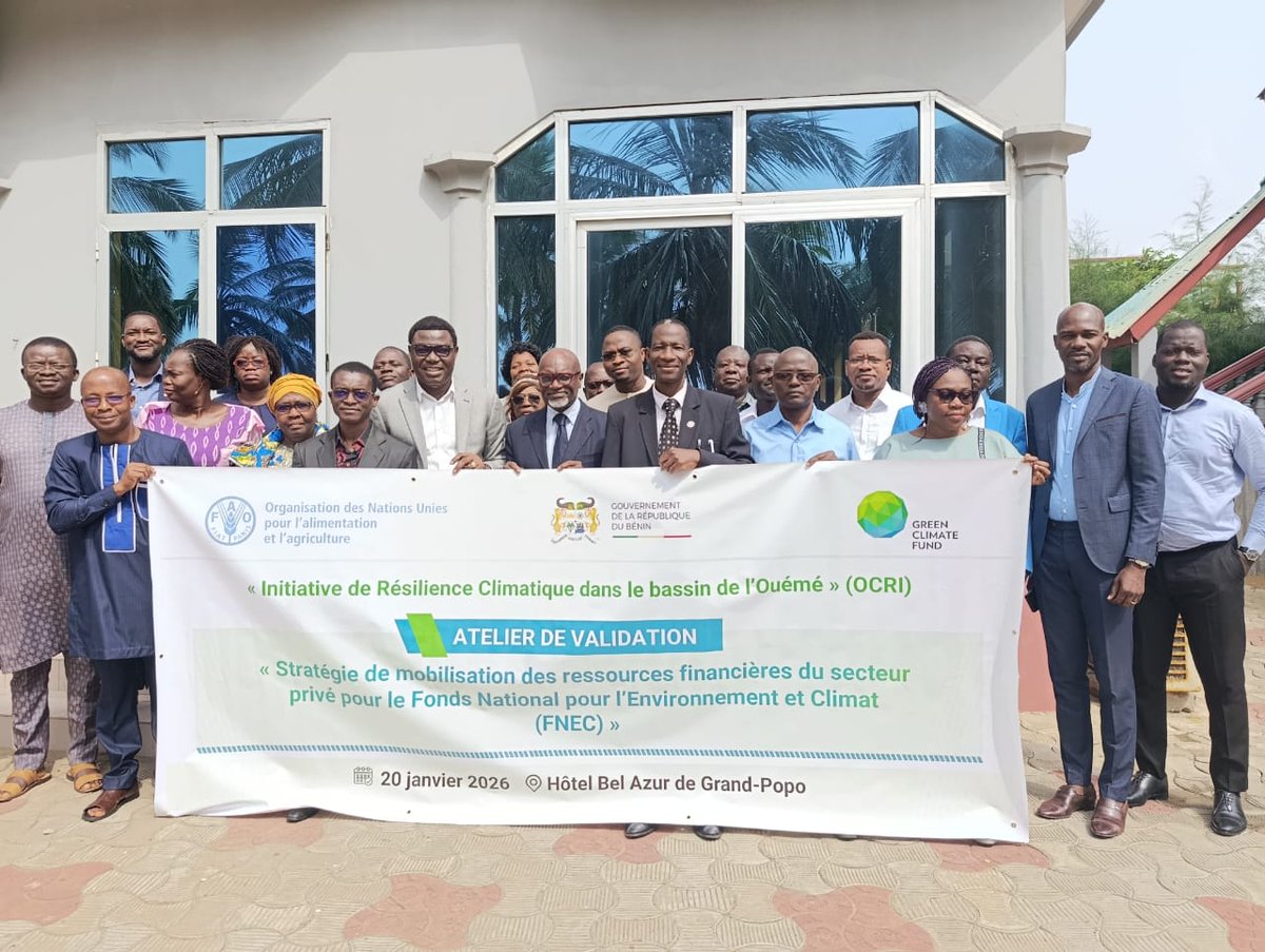 FAOBenin's tweet image. 📍 Grand‑Popo, 20 janvier 2026

Validation de la Stratégie de mobilisation des ressources financières du secteur privé pour le Fonds National pour l’Environnement et le Climat (#FNEC), dans le cadre du projet #OCRI de la FAO, financé par le Fonds Vert pour le Climat (@theGCF ).