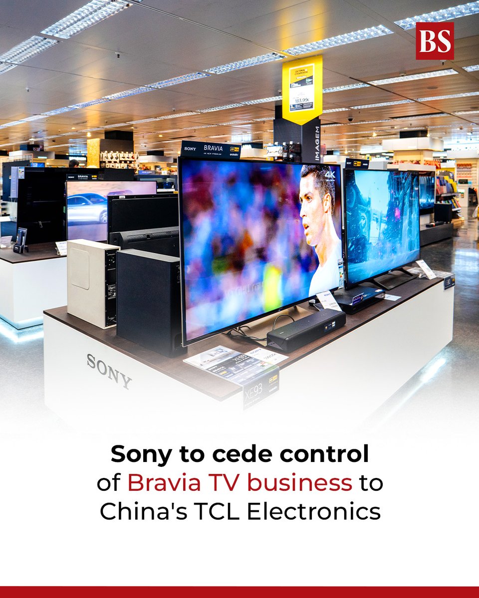 bsindia's tweet photo. Sony Group Corp. is spinning off control of its home entertainment business, including the flagship Bravia television brand, to Chinese rival TCL Electronics Holdings Ltd.
Details: https://t.co/UFJtnlZkCD
#Sony #SonyBravia #TCLElectronics #Electronics #Television https://t.co/xWeOInOKT3