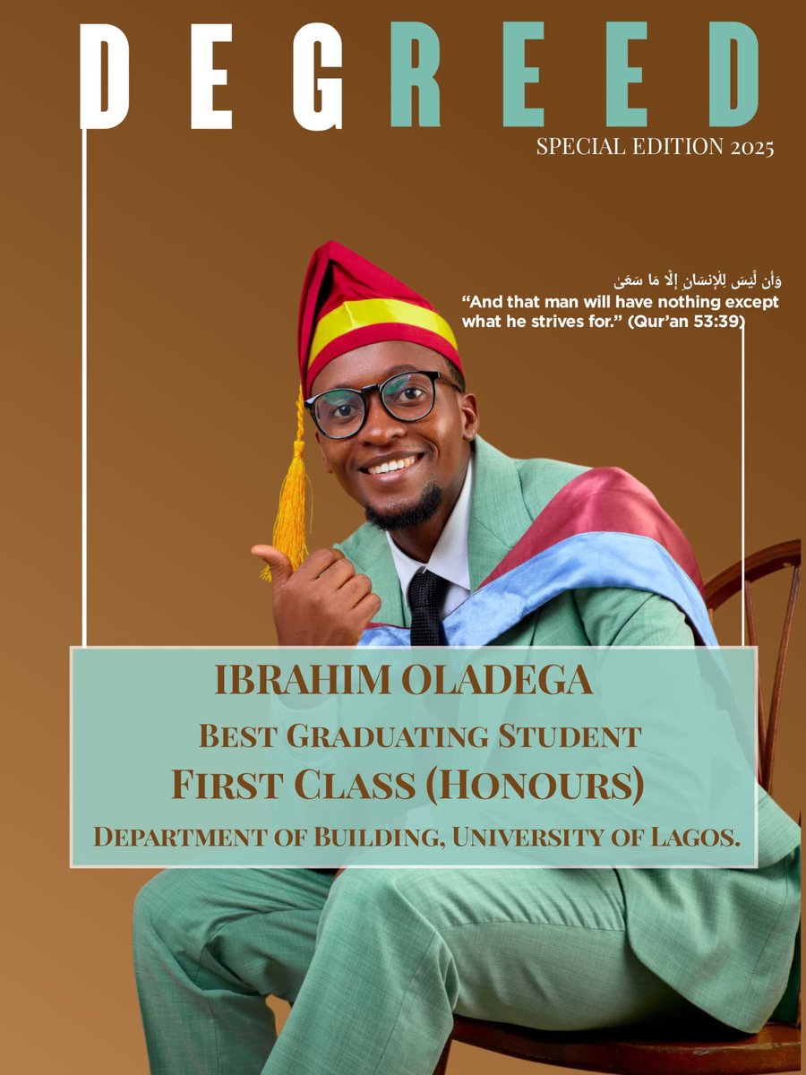 oladegaibrahim's tweet photo. Alhamdulillah, the journey ends! 🎓 5+2 years of hard work, patience, and perseverance. I'm honored to be the Best Graduating Student in the department of BUILDING, University of Lagos.

Grateful to Allah and everyone who supported me .🙏 https://t.co/S9AVFYdHRU