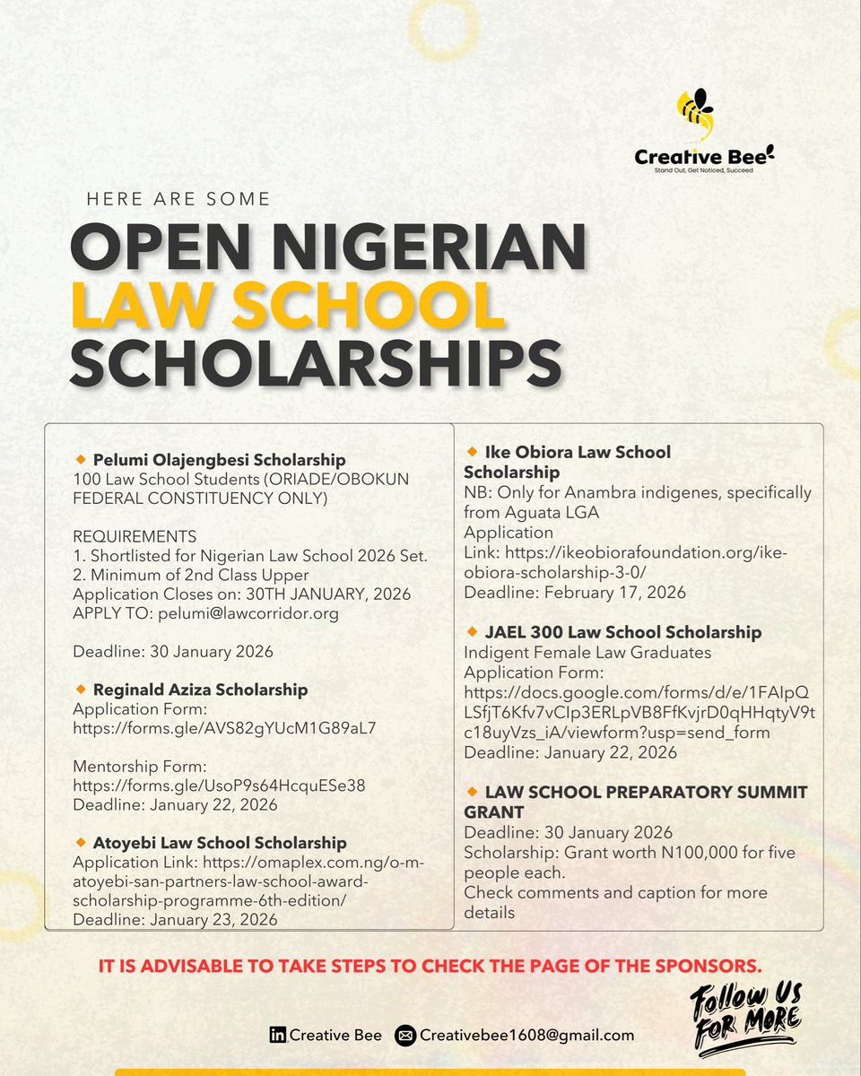 If you missed previous law school scholarships, here are some that are currently open.

Do well to apply, engage, and share❤️

Full application details: linkedin.com/posts/creative…