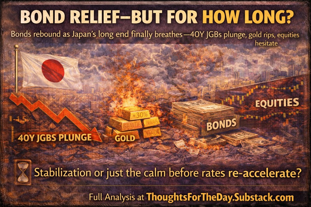 GryphonIAB's tweet image. 📈 Bonds rebound as Japan’s long end finally breathes—40Y JGBs plunge, gold rips, equities hesitate. Is this stabilization or just the calm before rates re-accelerate? ⏳ #Bonds #Rates 
Read the full analysis
 
 thoughtsfortheday.substack.com/p/thoughts-for…
 
 #Macro #FederalReserve #Tariffs…