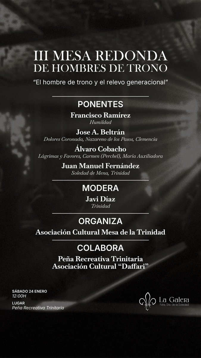 Os animamos a participar en la Mesa Redonda de los compañeros de <a href="/mesatrinidad_/">Mesa de la Trinidad</a> con la presencia de nuestro hermano hombre de trono Juan M. Fernández. 

📌 Peña Recreativa Trinitaria
⏱️ Sábado 24 de Enero 12:00h

<a href="/DaffariHDT/">Asociación Cultural Daffari Hombres de Trono</a> 
<a href="/PRTrinitaria/">Peña Rec Trinitaria</a> 

#cofradiasmlg