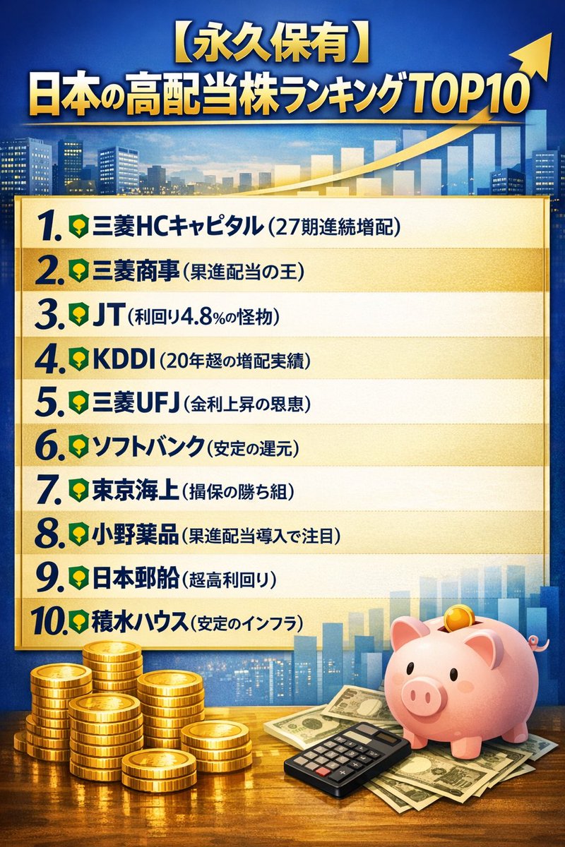 永久保有】日本の高配当株ランキングTOP10 🔰三菱HCキャピタル （27期連続増配） 🔰三菱商事 （累進配当の王） 🔰JT  （利回り4.8%の怪物） 🔰KDDI （20年超の増配実績） 🔰三菱UFJ（金利上昇の恩恵） 🔰ソフトバンク（安定の還元）  🔰東京海上（損保の勝ち組） 🔰小野薬品 ...