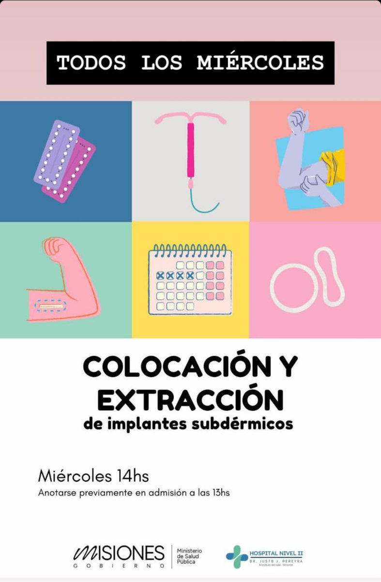 El Hospital Nivel II Dr. Justo J. Pereyra de Aristóbulo del Valle realizará todos los miércoles desde las 14 hs jornadas de colocación y extracción de implantes subdérmicos.

📌Para anotarse el mismo día a las 13 hs en Admisión.