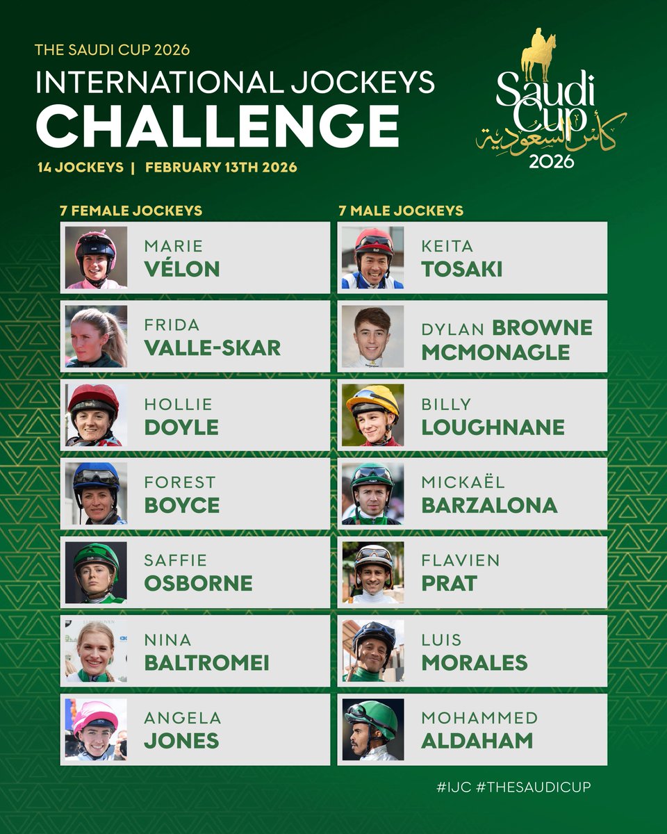CONFIRMED: 2026 International Jockeys Challenge lineup! 

<a href="/VelonMarie/">Vélon Marie</a>
Keita Tosaki
<a href="/fridavallee/">Frida Valle Skar</a>
<a href="/DylanBrowneMcM/">Dylan Browne Mc Mon</a>
<a href="/HollieDoyle1/">Hollie Doyle</a>
<a href="/loughnane_billy/">Billy Loughnane</a>
Forest Boyce
<a href="/mickaelbarzalon/">mickael barzalona</a>
<a href="/OsborneSaffie/">saffie osborne</a>
Flavien Prat
Nina Baltromei
Luis Morales
Angela Jones
Mohammed Aldaham

#IJC #TheSaudiCup