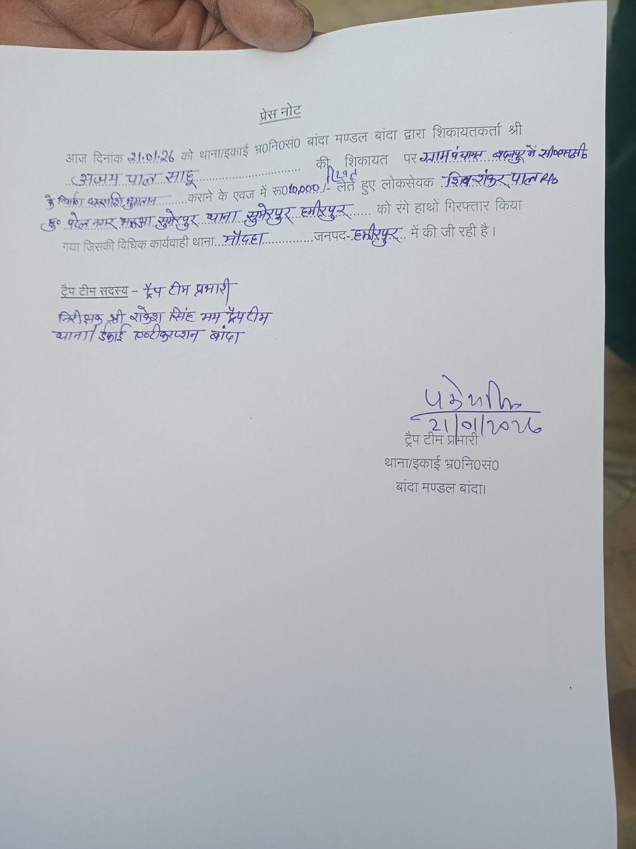 280amit's tweet photo. #हमीरपुर ग्राम प्रधान प्रतिनिधि की शिकायत पर एंटी करप्शन टीम बांदा ने सचिव शिवशंकर पाल को रंगे हाथों घूस लेते किया गिरफ्तार, बदनपुर गांव में सीसी निर्माण की धनराशि के भुगतान के एवज में ग्राम प्रधान से सचिव ने मांगी थी 10 हजार की घूस
@hamirpurpolice 
@Uppolice https://t.co/dSQmZd84rX