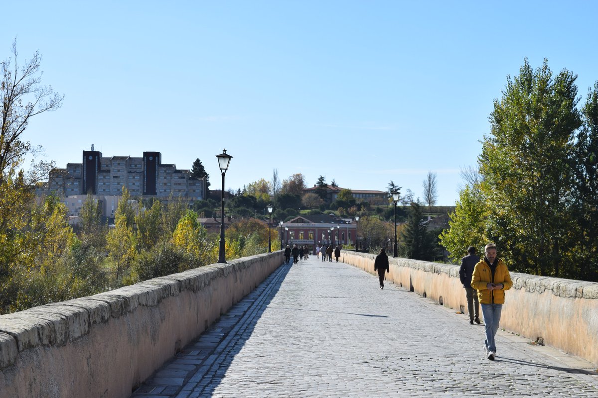 The Roman Bridge, or Puente Romano, in Salamanca stretches across the Tormes River. It connects the winding streets of the old city to the modern neighborhoods of the city. The Romans built it between 27BCE and 79CE