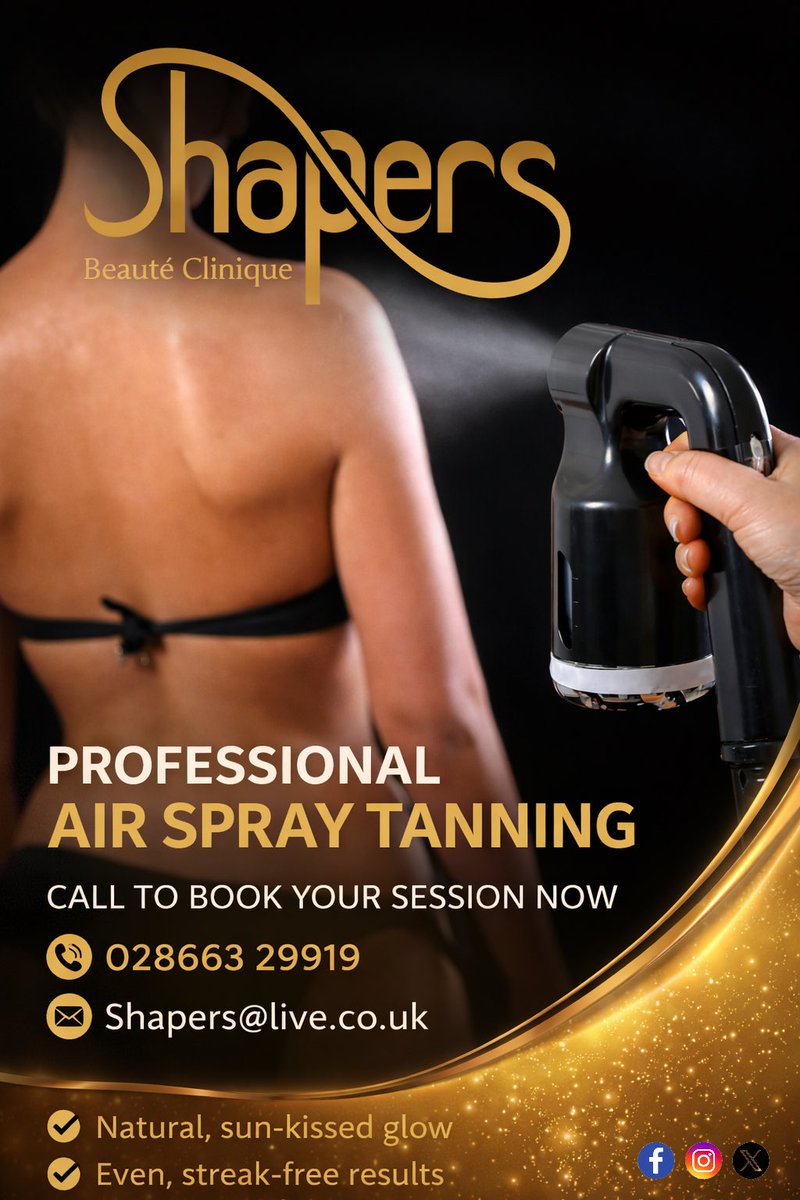 Shapers Beaute Clinique offers professional tanning using the latest airspray tanning system.

Clients can expect a streak free, sun kissed glow without UV risks to the skin associated with tanning cabs. 

#shapersbeauteclinique #enniskillen #skincare #tanning #spraytan