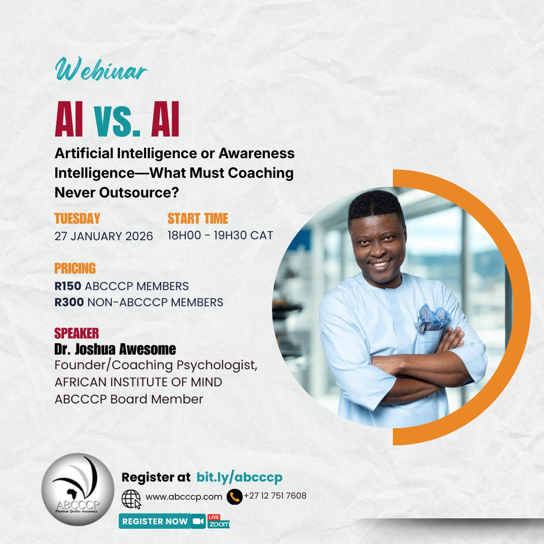 We’re excited to invite you to our first CPD session of the year:

AI vs AI: Artificial Intelligence or Awareness Intelligence—What Must Coaching Never Outsource?

🎙️ Speaker: Dr. Joshua Awesome

🔗 Register here: bit.ly/abcccp

#WinningWednesday