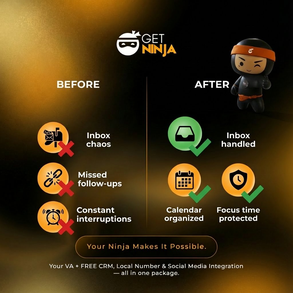 getninjainc's tweet image. Make your inbox is handled, calendar stays clean, and there’s space to think, lead, and grow.

Book your discovery call today.

#GetNinja #VirtualAssistantServices #DelegateToScale