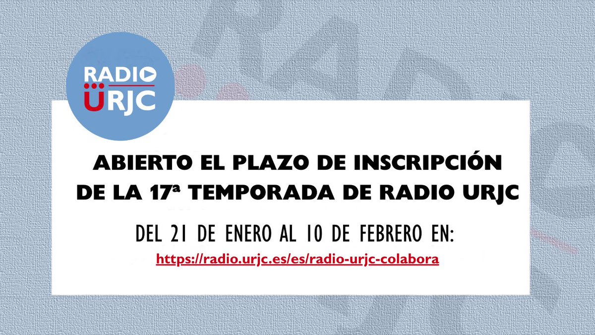 ⚠️ABIERTO EL PLAZO DE INSCRIPCIÓN DE LA 17ª TEMPORADA DE RADIO URJC - DEL 21 DE ENERO AL 10 DE FEBRERO DE 2026⚠️

🔅Encuentra toda la información para realizar la inscripción en: radio.urjc.es/es/radio-urjc-…

Nuevo año en la RADIO URJC: servicio público y experiencia profesional.