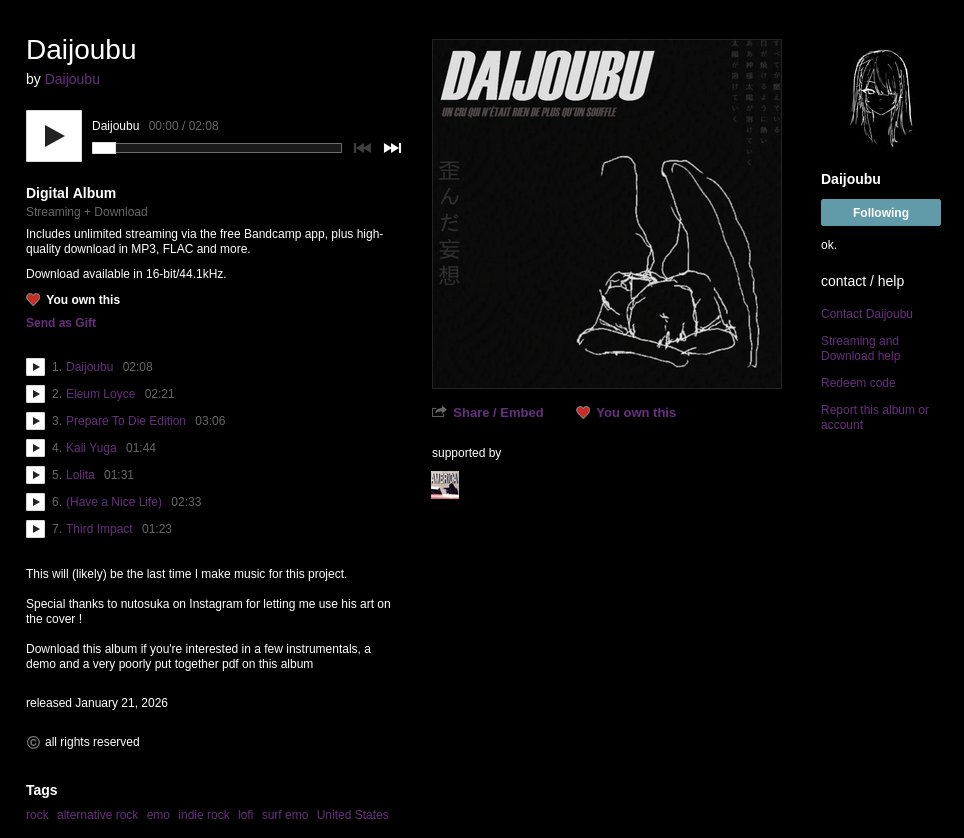 INNreloaded's tweet image. My good friend and scene legend Daijoubu formerly Sleep till it's through (@Daijoubu98 )  has dropped an album for you all to enjoy.
I had an honor to listen to it earlier and it is definitely one of the best albums in the scene and music generally I've heard. 
Links below 👇