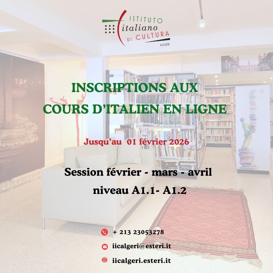 Iscrizioni aperte! 
Le iscrizioni ai corsi di italiano online sono aperte per i livelli A1.1 e A1.2 fino al 1° febbraio 2026 📅
 🕒 Orari:
🔹 A1.1 : lunedì e mercoledì, dalle 18:00 alle 20:00
🔹 A1.2 : martedì e giovedì, dalle 18:00 alle 20:00

#iicalgeri #corsionline